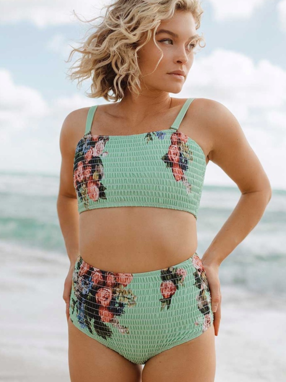 Albion Rose Mint Smocked High Waisted Bottoms and Top Swim Set